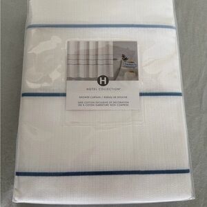 Hotel Collection White Shower Curtain with Blue Stripe